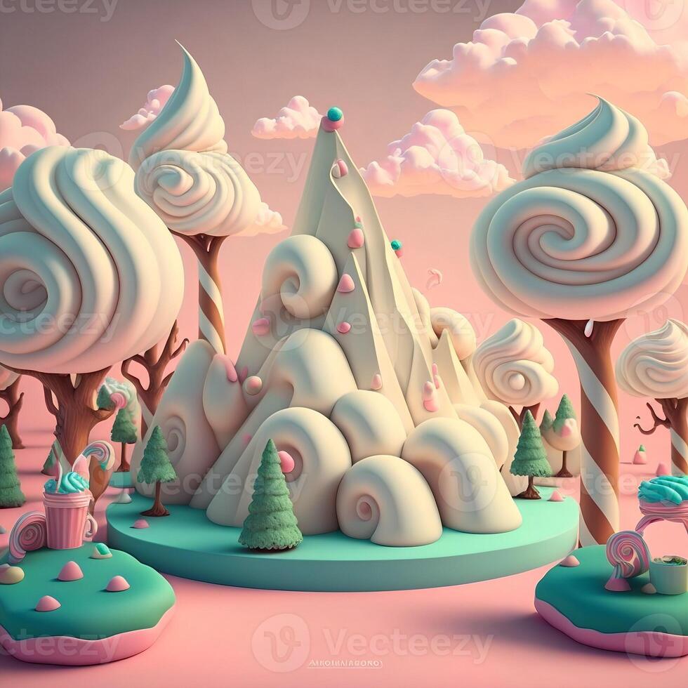 Sweet land 3d cartoon background.Mountains and trees from marshmallow.Candyland. . photo