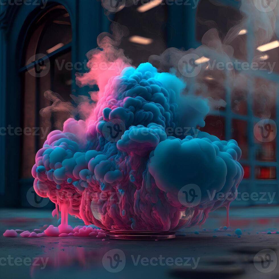 Blue pink dense smoke abstract illustration. Exotremic chemical reaction. . photo