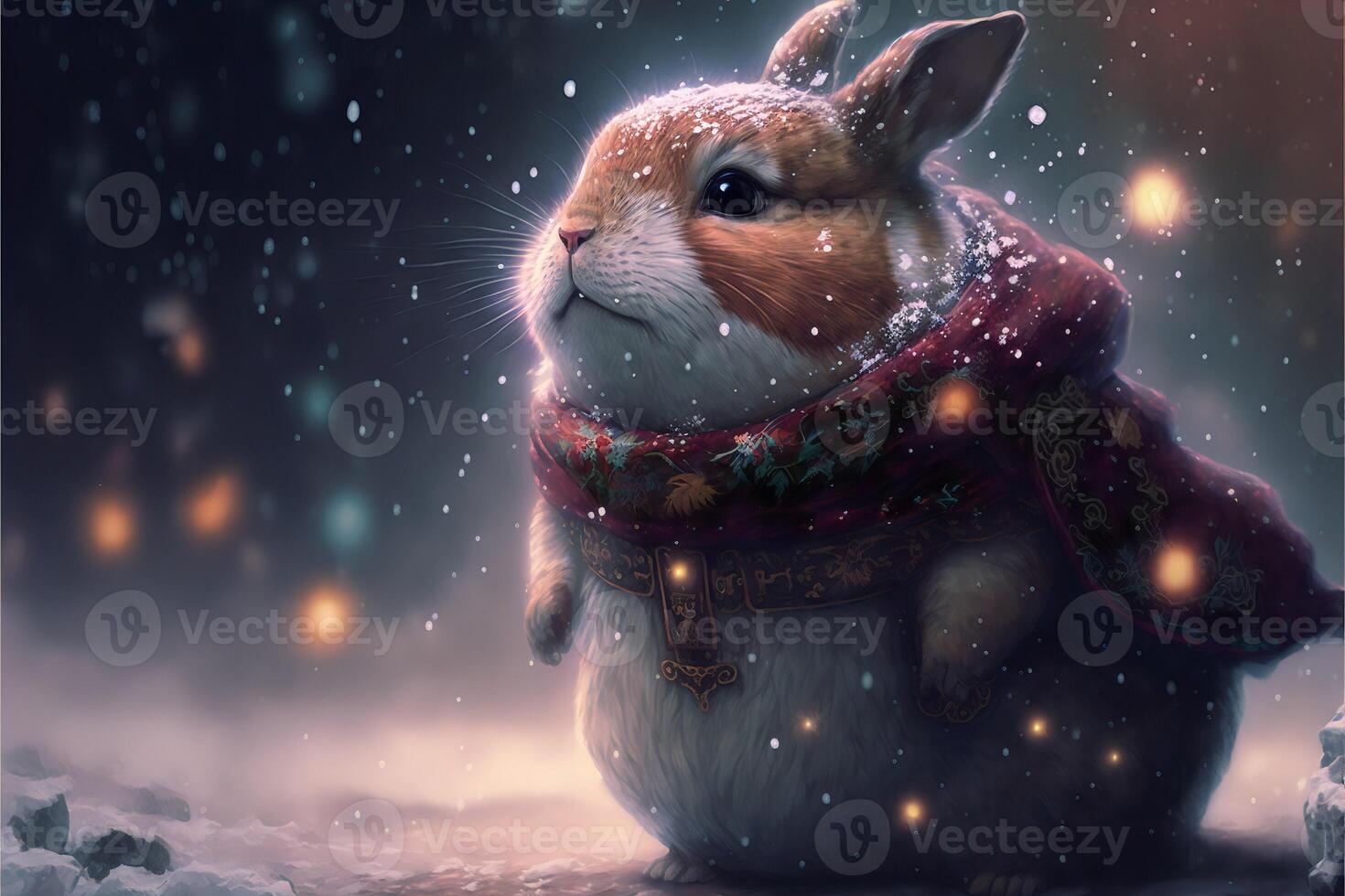 A white little rabbit dressed in a raincoat and a scarf stands in the snow on a blurred background. New Year's illustration.. photo