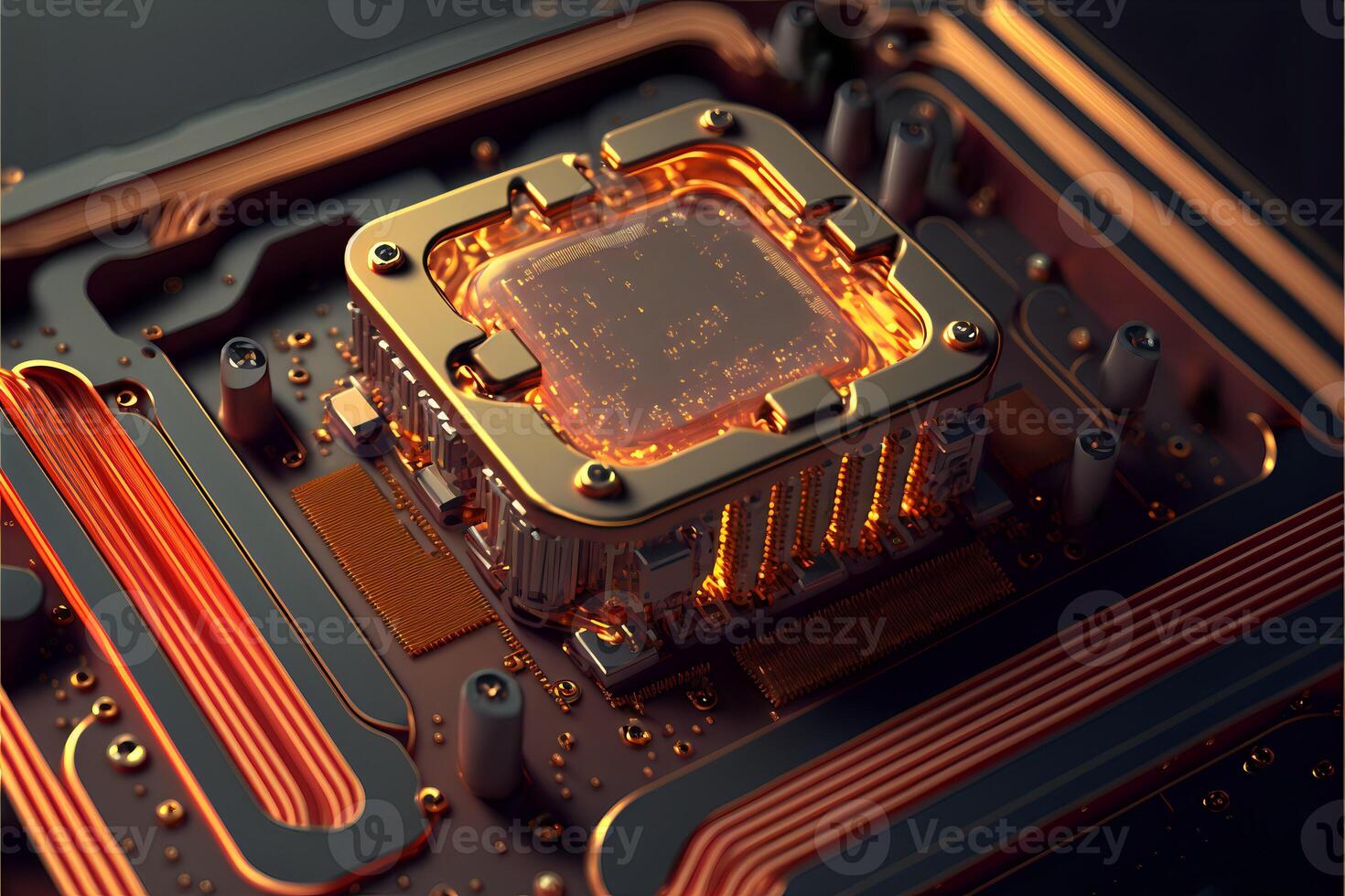 Circuit board and cpu close up with orange glow. Quantum computer concept. . photo