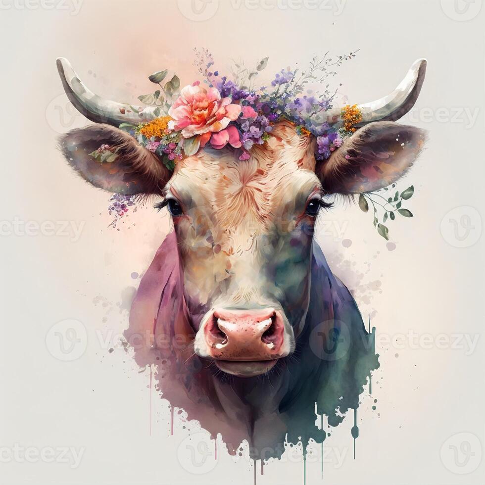 Watercolor cute cow with a pink nose and a wreath of flowers on its head.Dairy packaging blank.. photo