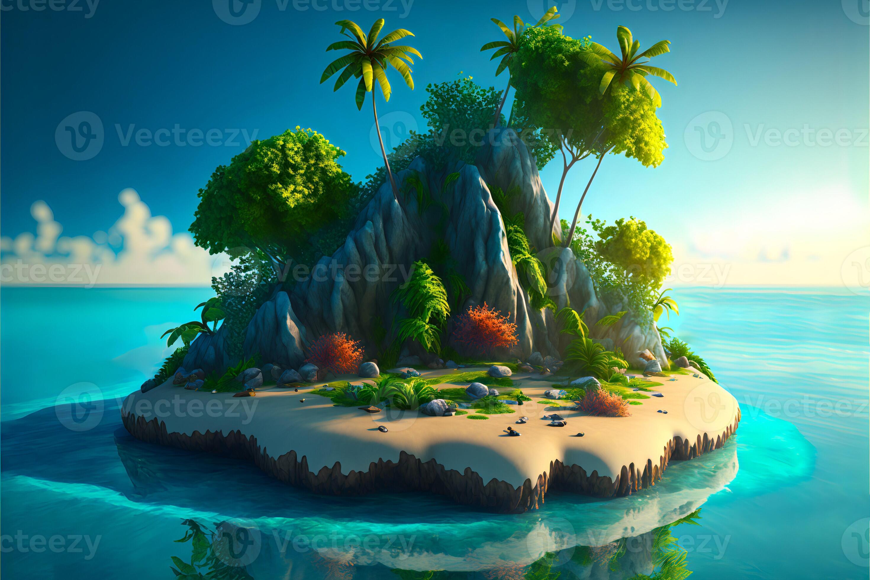 Colorful cartoon tropical island with palm trees different plants and