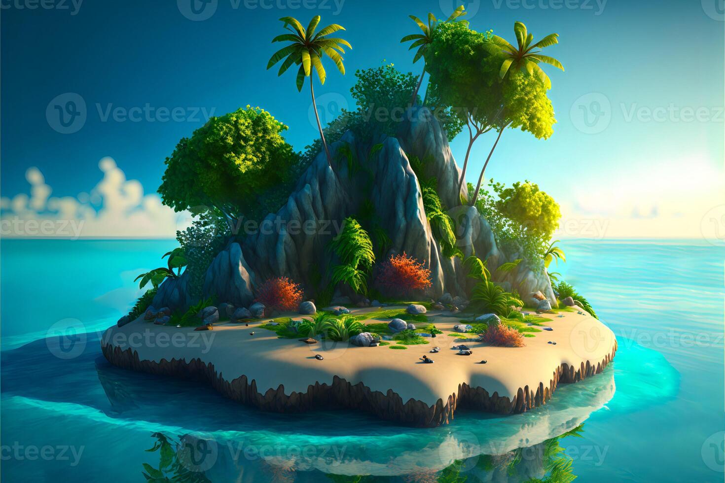 Colorful cartoon tropical island with palm trees different plants and beautiful turquoise water around. . photo