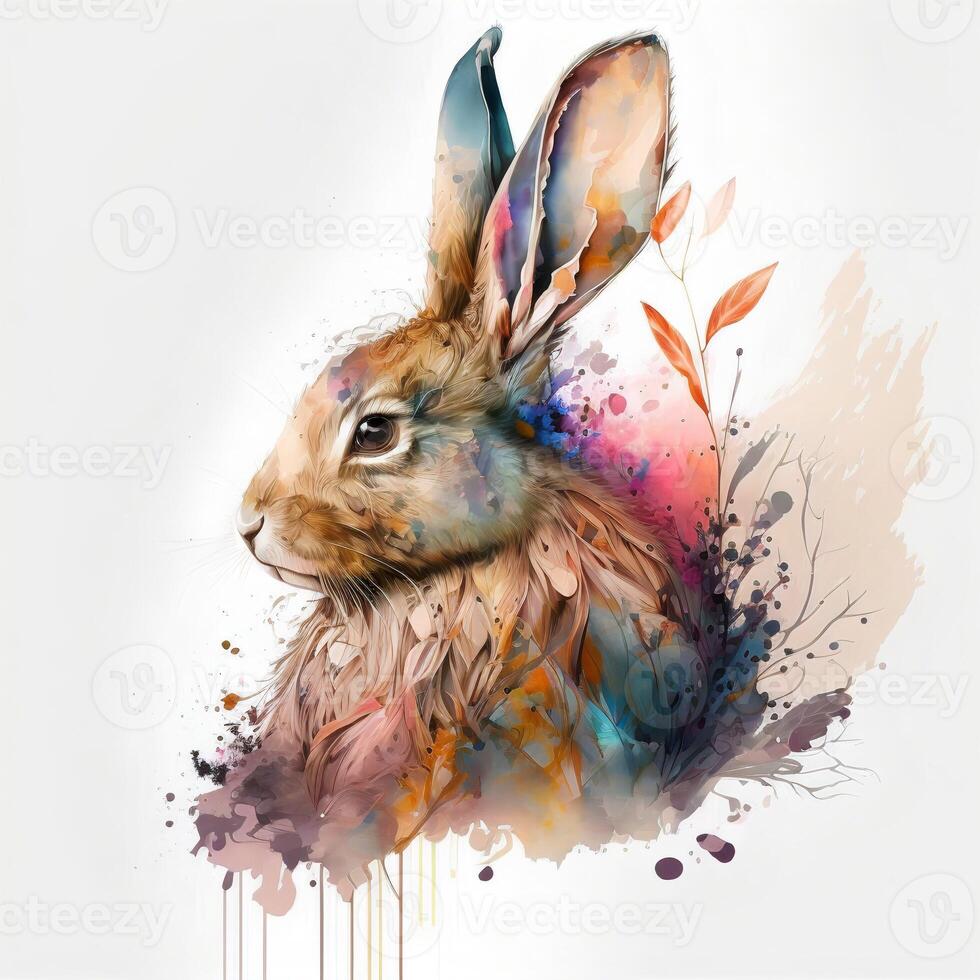 Watercolor illustration of the symbol of the year 2023 rabbit on a white background with watercolor spots and leaves.Card blank for design.. photo