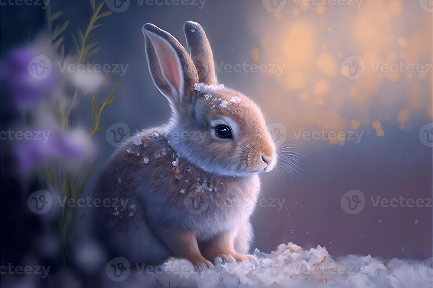Red rabbit with purple flowers and grass sitting in the snow with copyspace. . photo