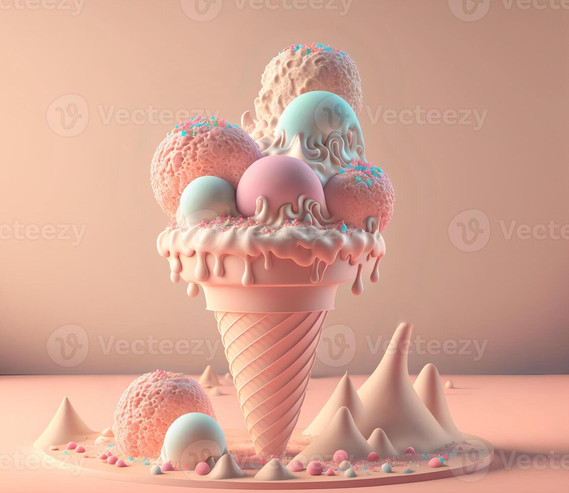 Multi-colored ice cream balls with sprinkles in a waffle cone and melting cream drops.Colorful illustration of ice cream with soft colors.. photo