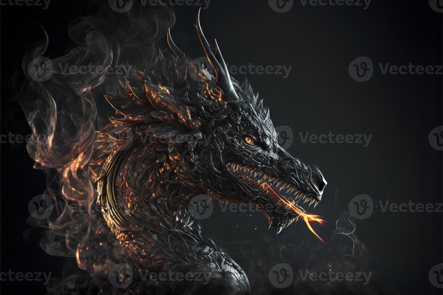 A metal dragon with a tongue of flame and smoke around on a dark background with copyspace. A beautiful fantastic walpaper silver dragon. . photo