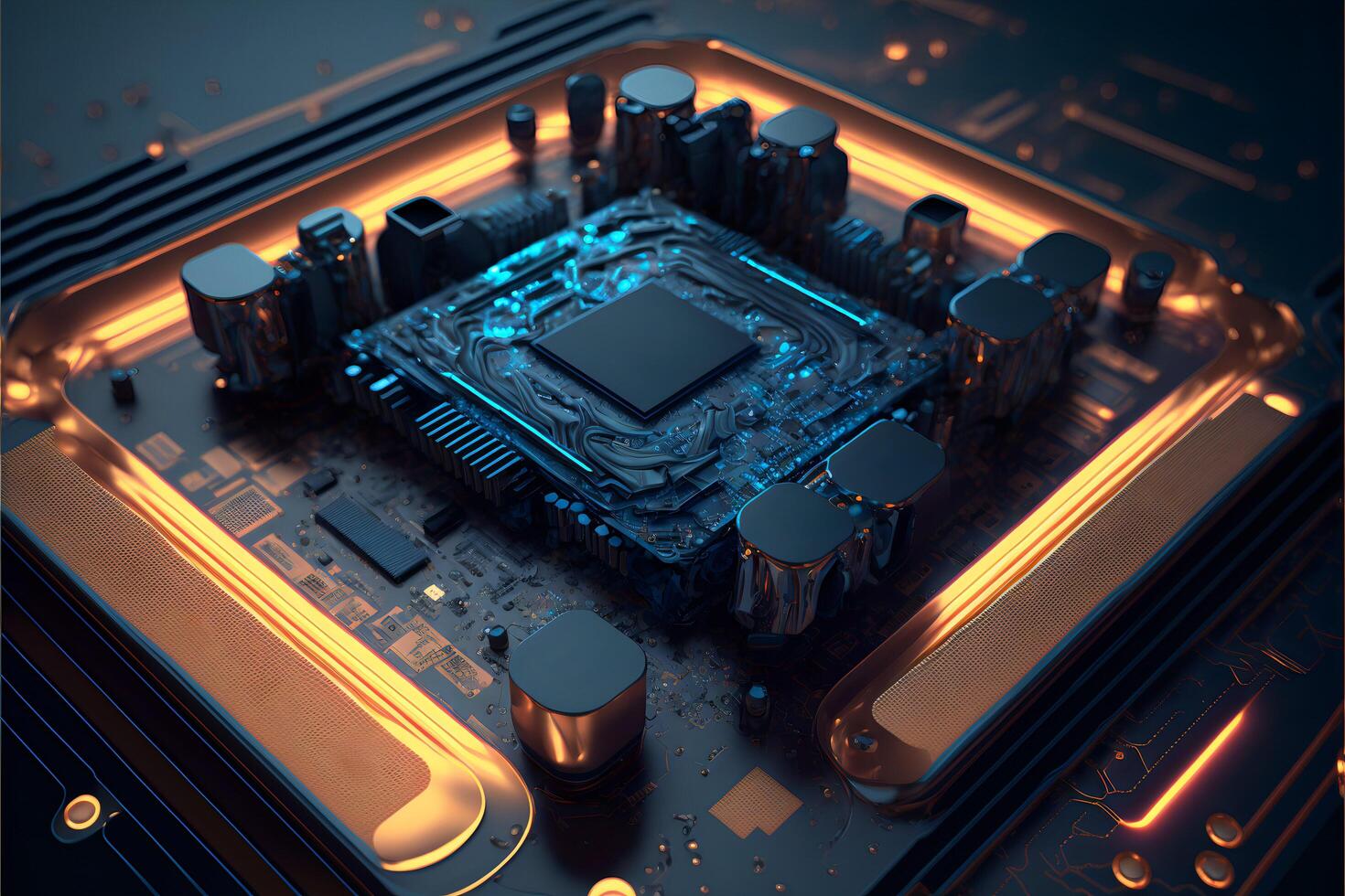 Abstract glowing microchip with processor.Computer hardware.. photo