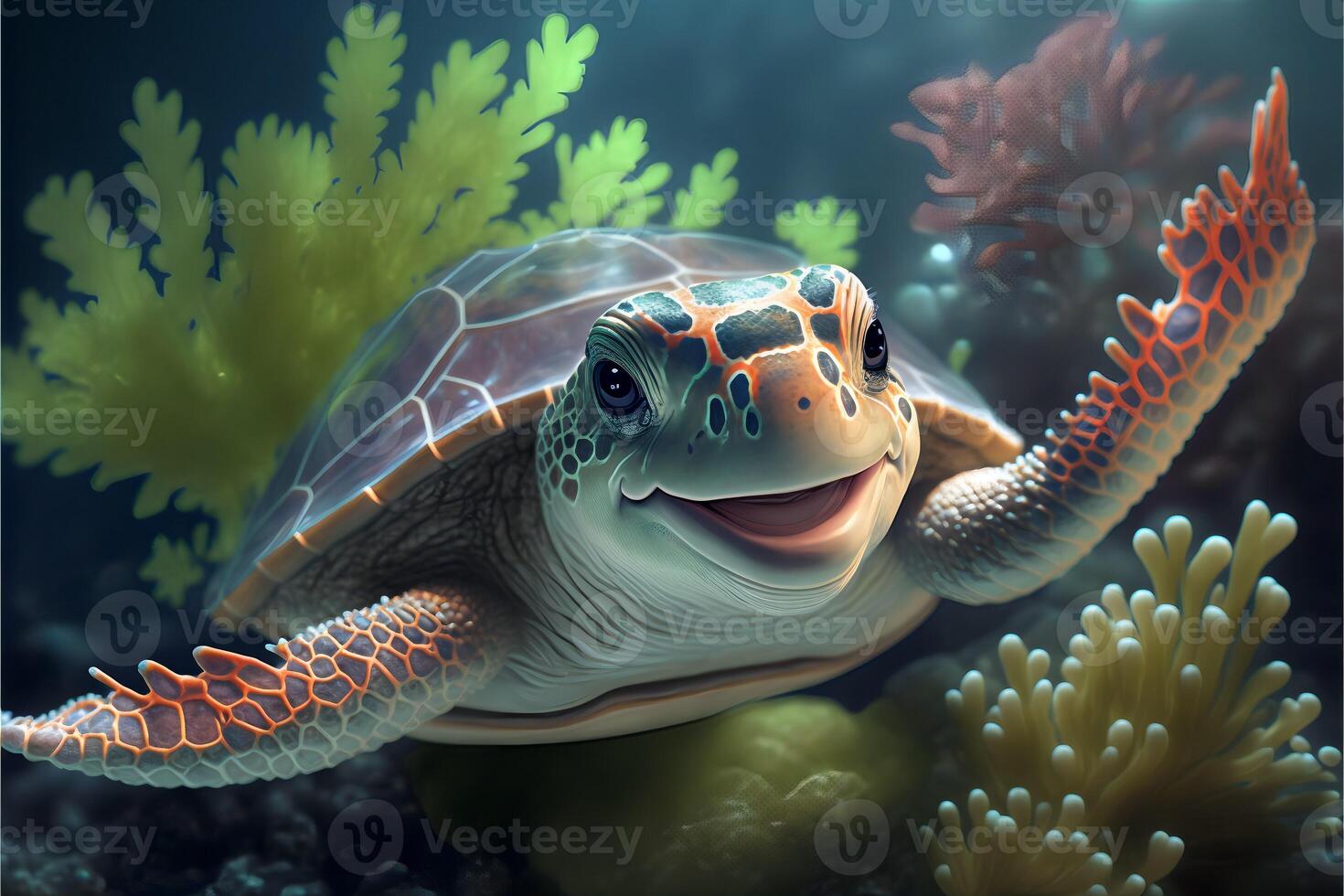 Smiling funny red sea turtle swims in the underwater background.Cute cheerful turtle in the background of the ocean landscape.. photo
