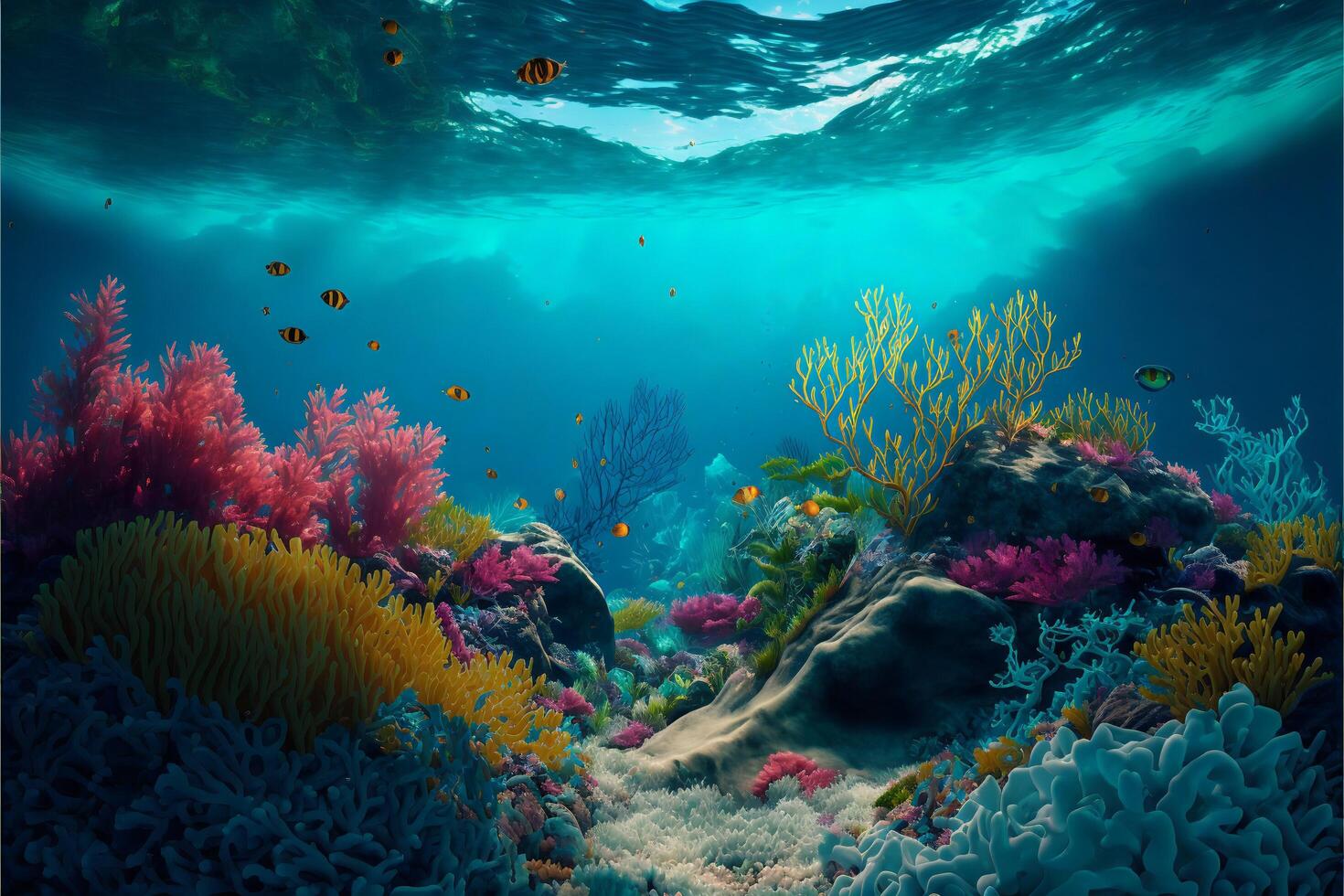 Colorful multi-colored underwater landscape with coral fish and stones. Small black and yellow fish on the sea background. . photo