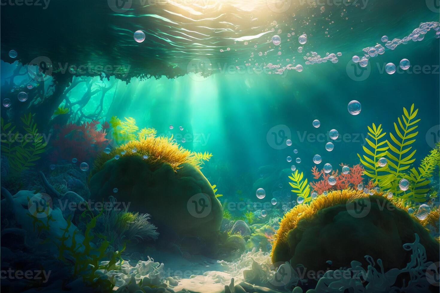 Bright illustration underwater flora with sunbeams and air bubbles.Underwater ocean landscape with emerald water and light glare.. photo