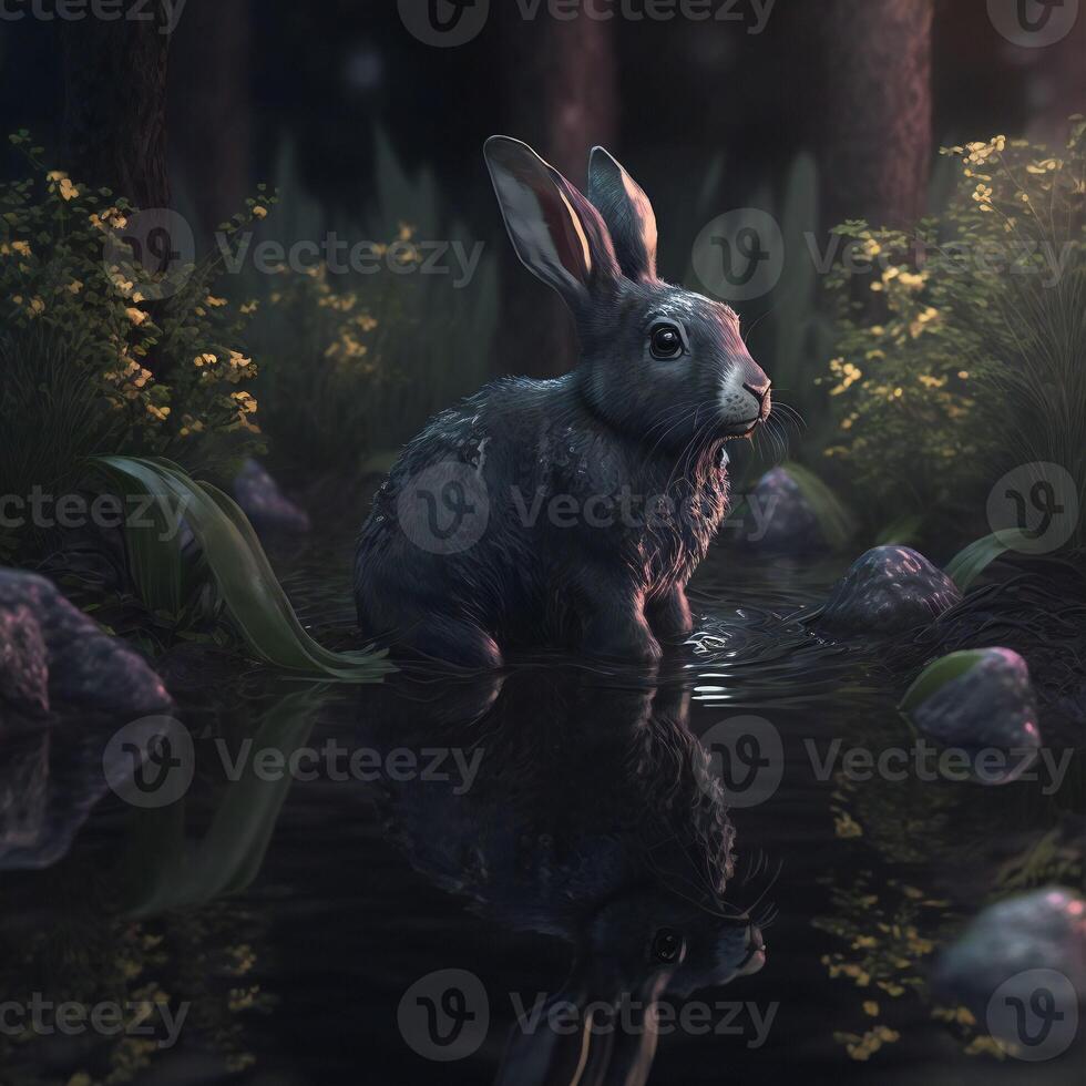 The black water rabbit is the symbol of 2023.A cute black rabbit in the forest standing in the water.. photo