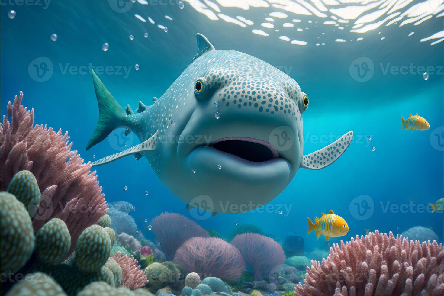 Big spotted fish on the background of blue ocean air bubbles and corals.Underwater world cartoon bright background.. photo