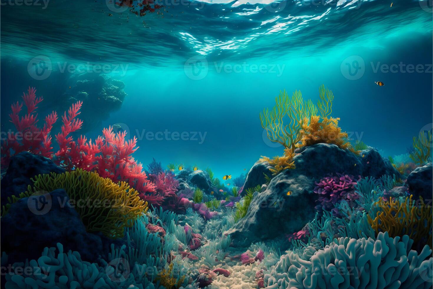 Colorful multicolored underwater landscape with corals, rocks and beautiful blue water. Oceanic background with tropical flora.. photo