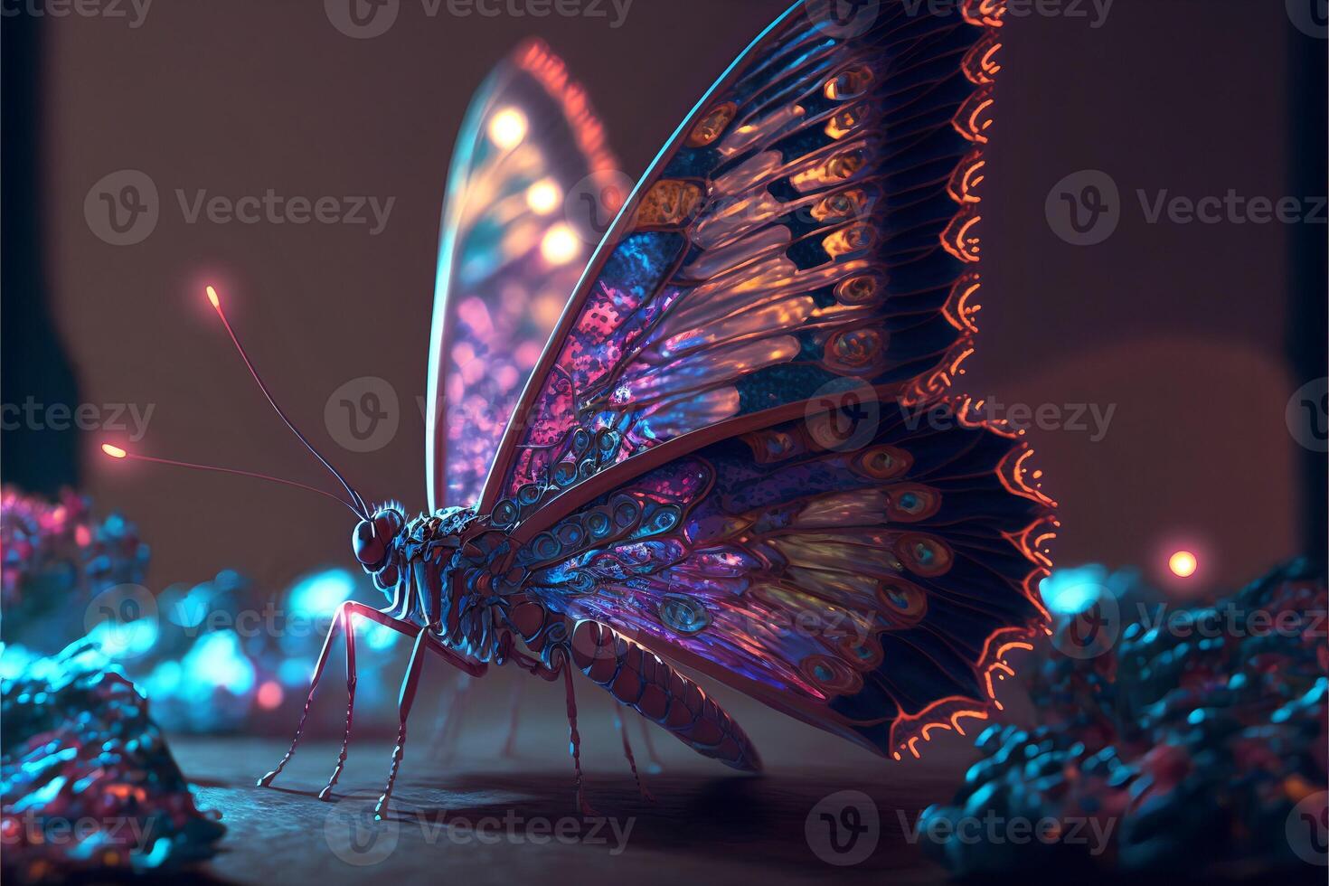 Glowing neon multicolored butterfly on a blurred background close-up.. photo