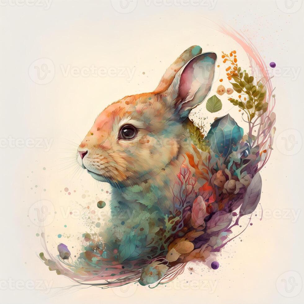 Watercolor illustration of the symbol of the year 2023 rabbit on a white background with watercolor spots and leaves.Card blank for design.. photo