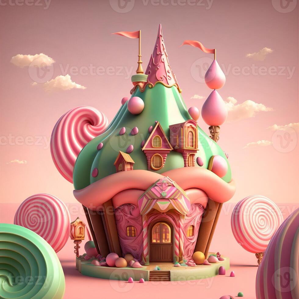 A house made of marshmallows and caramel with candy in the background.Candyland.. photo