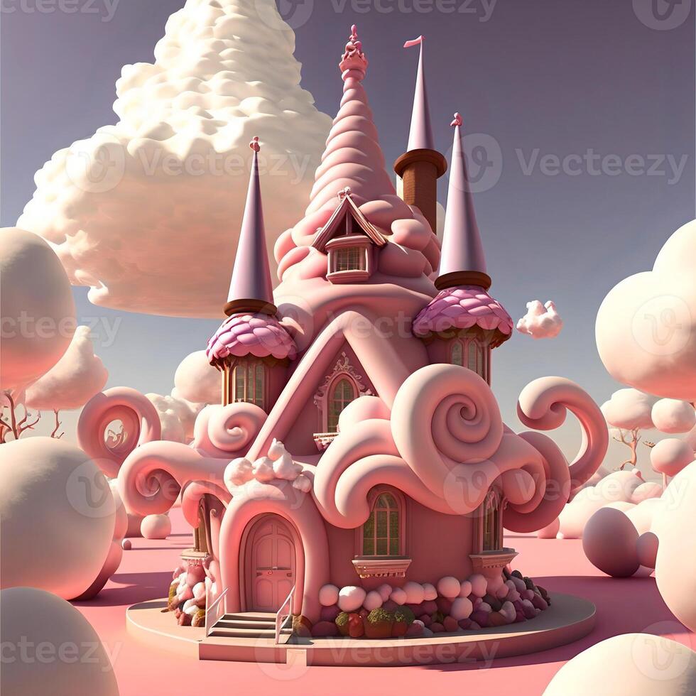 House of marshmallows and sweets in a meadow of mastic and large lush clouds. Colorful illustration. . photo