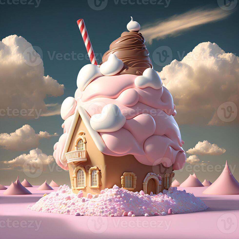 House made of caramel and marshmallow ice cream in a pastry mastic meadow. . photo