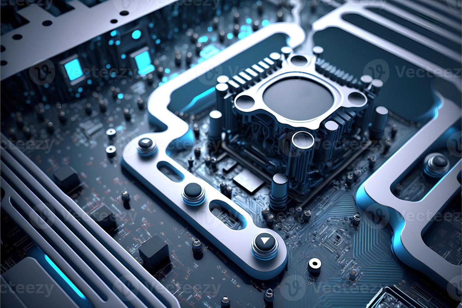 Motherboard and cpu with beautiful brushed metal close-up.Microcircuit and computer hardware.. photo