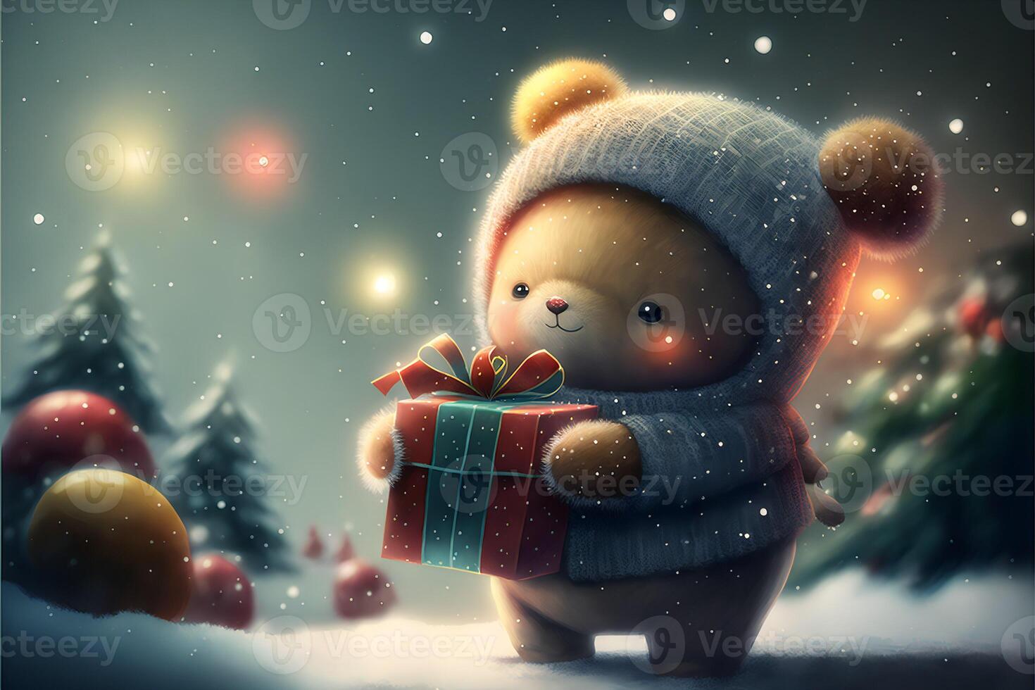A cute stylized bear cub in a hooded jacket holds a gift in its paws on a snowy background.Christmas hand drawn children's illustration.. photo