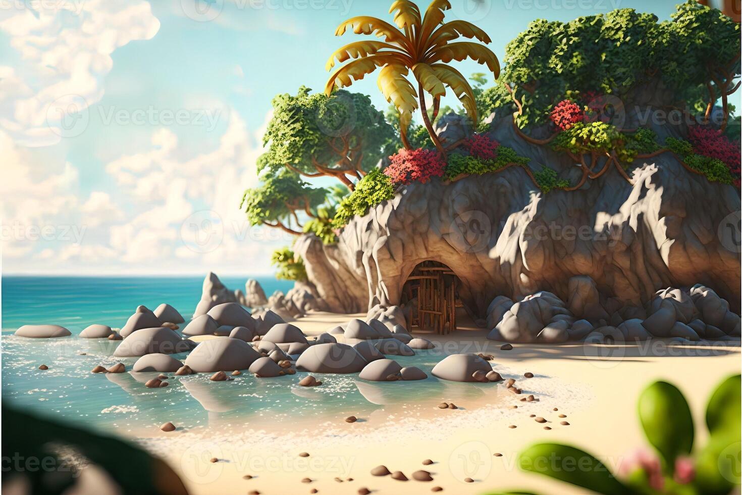 Rocky island with a cave and a broken wooden door with vines, palm tree and flowers against the sea. . photo