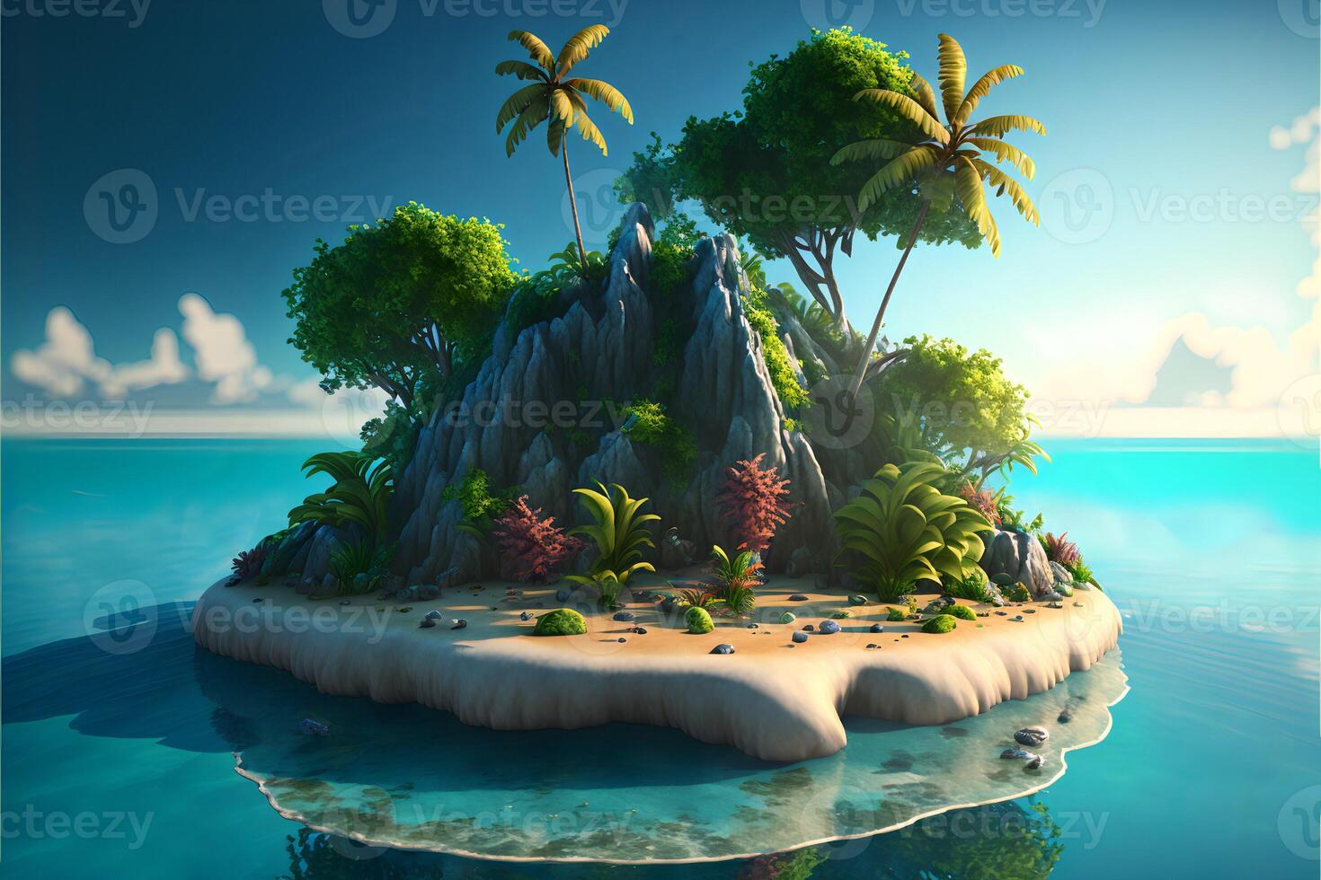 vistoso dibujos animados arenoso isla con palma arboles y diferente plantas y hermosa turquesa agua alrededor. generado por ai. foto