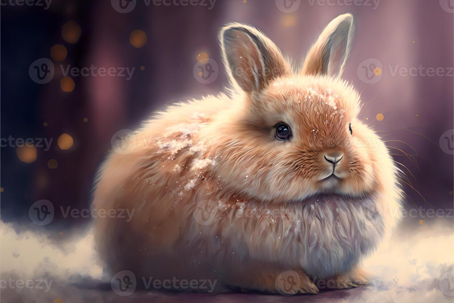 Red chubby bunny with fluffy fur sitting on the snow on a blurred background.. photo