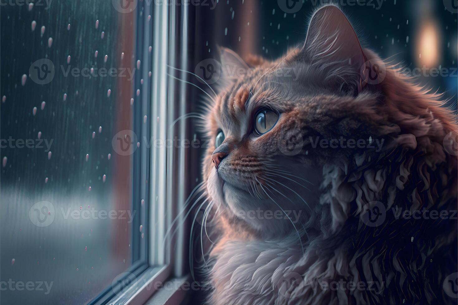 Ginger realistic sad cat looks out the window with falling snow. . photo