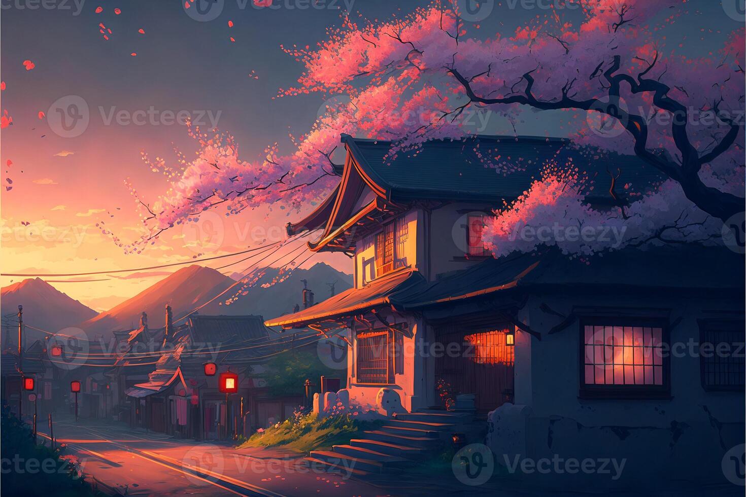 Japanese village with mountains and cherry blossoms in the background. . photo