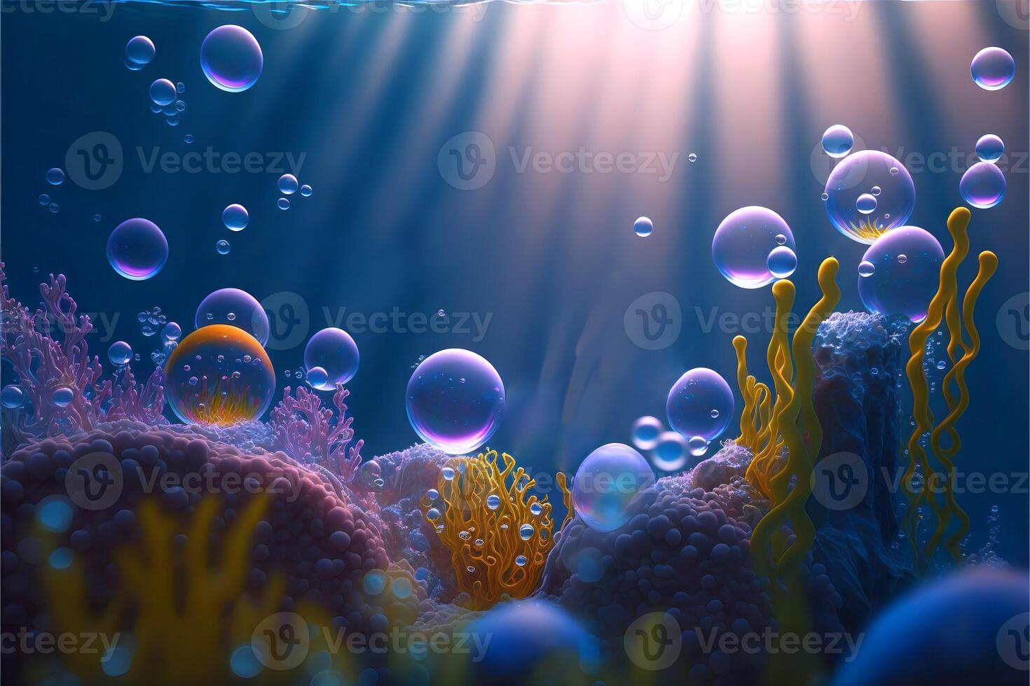 Bright blue underwater landscape with bright sun rays plankton algae and air bubbles.Underwater world cartoon illustration.. photo