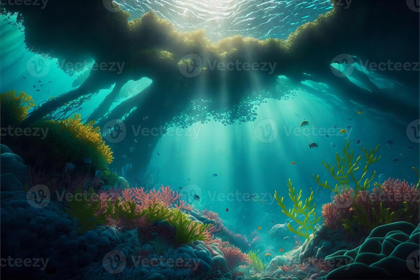 Ocean depths colorful illustration of underwater life.Sea lagoon with plants and sunbeams breaking through.. photo