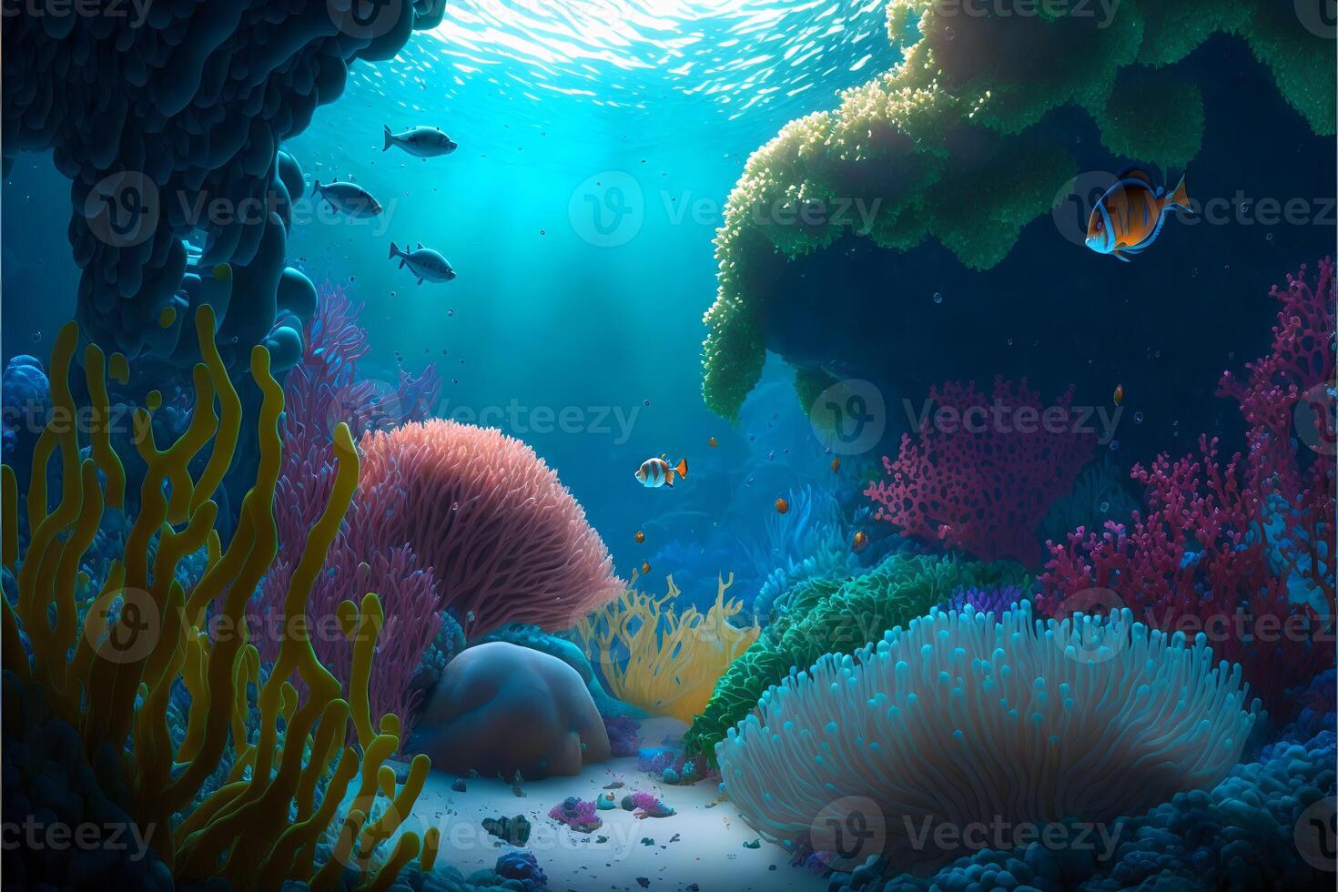 Colorful multicolored underwater landscape with coral fish and stones with sun rays on the background. Oceanic background with tropical flora and fauna.. photo