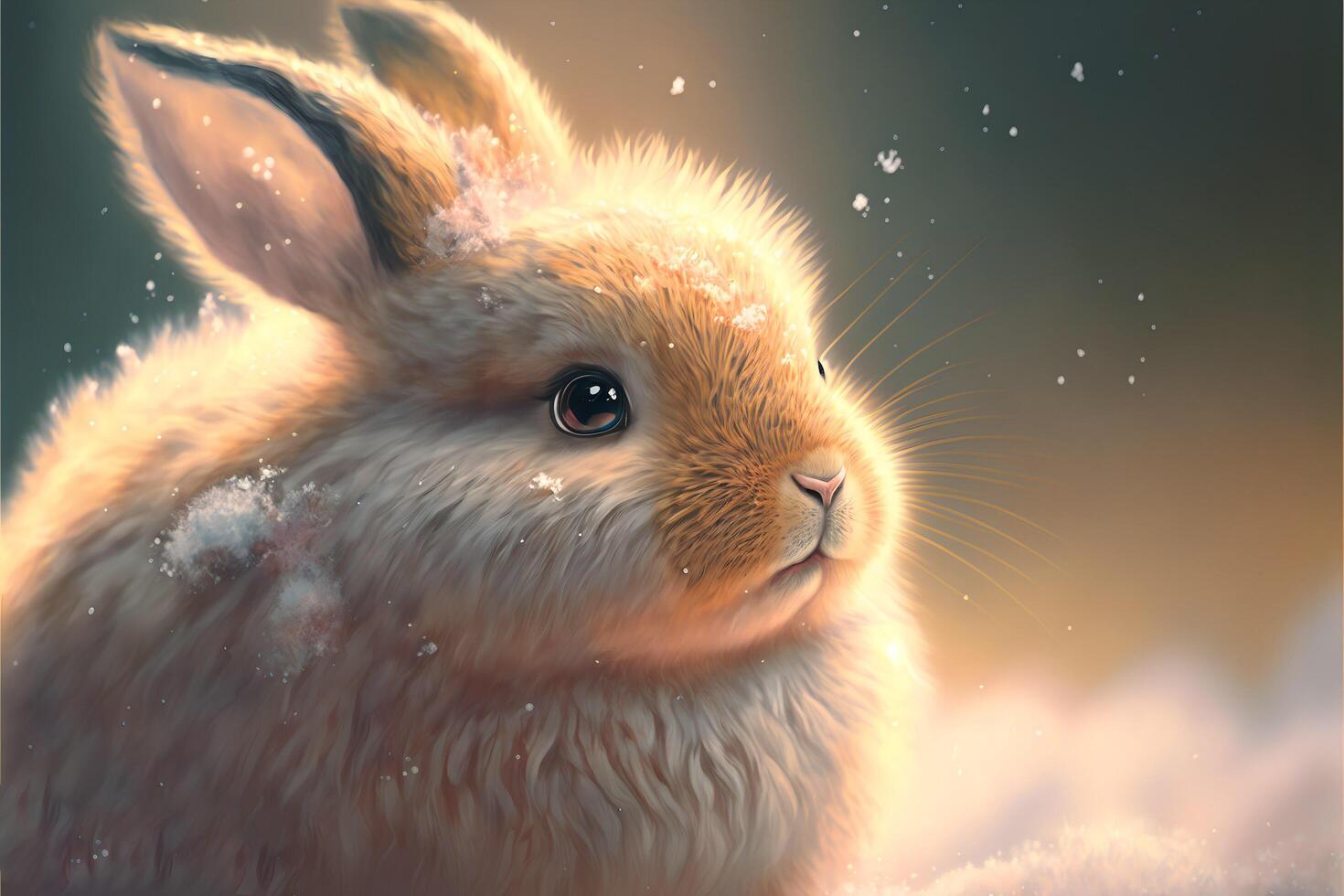 An adorable ginger rabbit with cute eyes and a pink nose in pastel colors sitting in the snow with copyspace.. photo