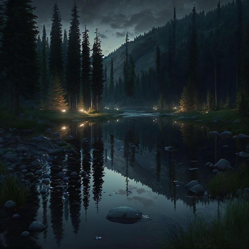Landscape of a calm river with stones and fireflies against the backdrop of forests and mountains in the night light.. photo