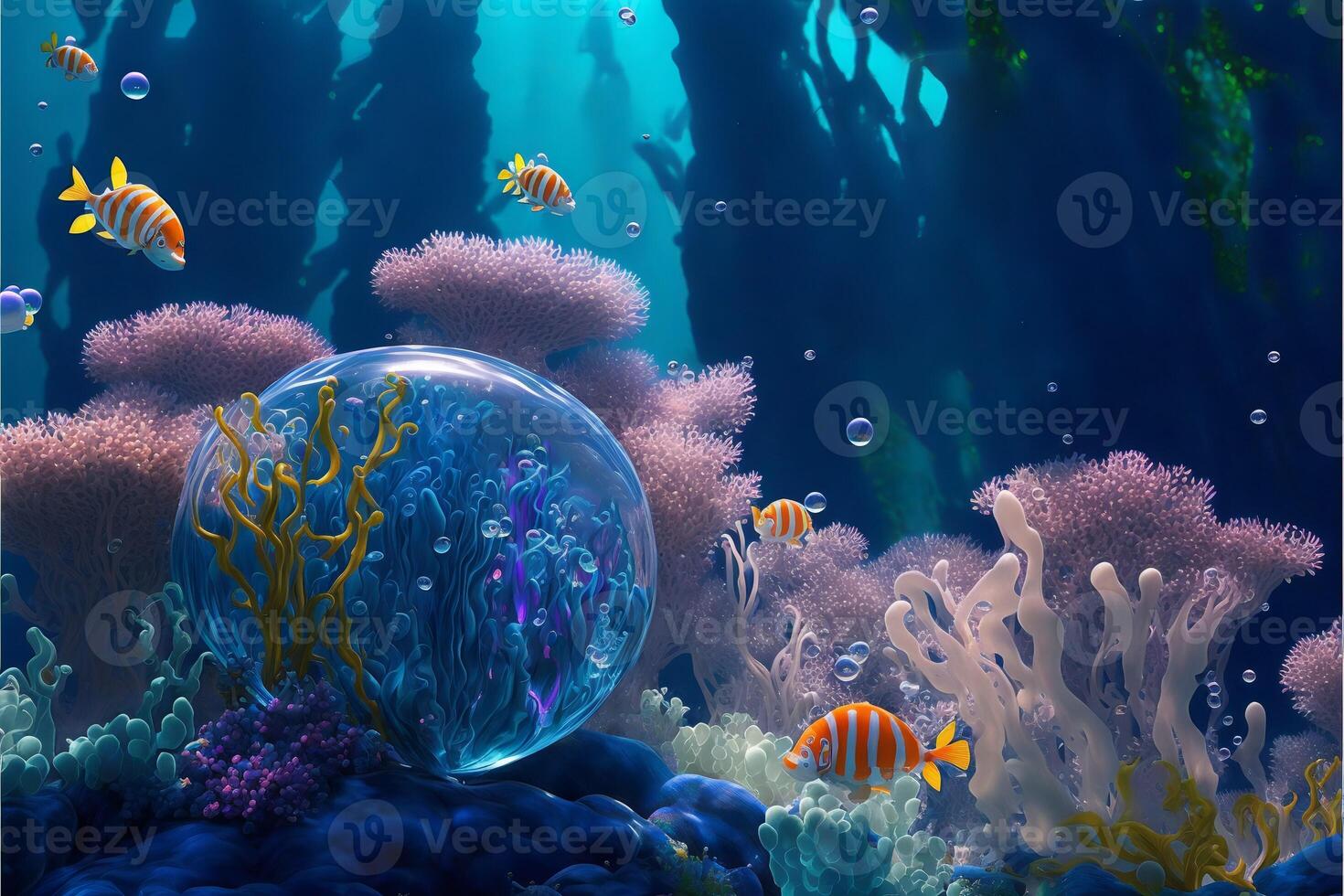 Colored underwater landscape with plankton algae striped fish and air bubbles.Underwater world cartoon illustration.. photo