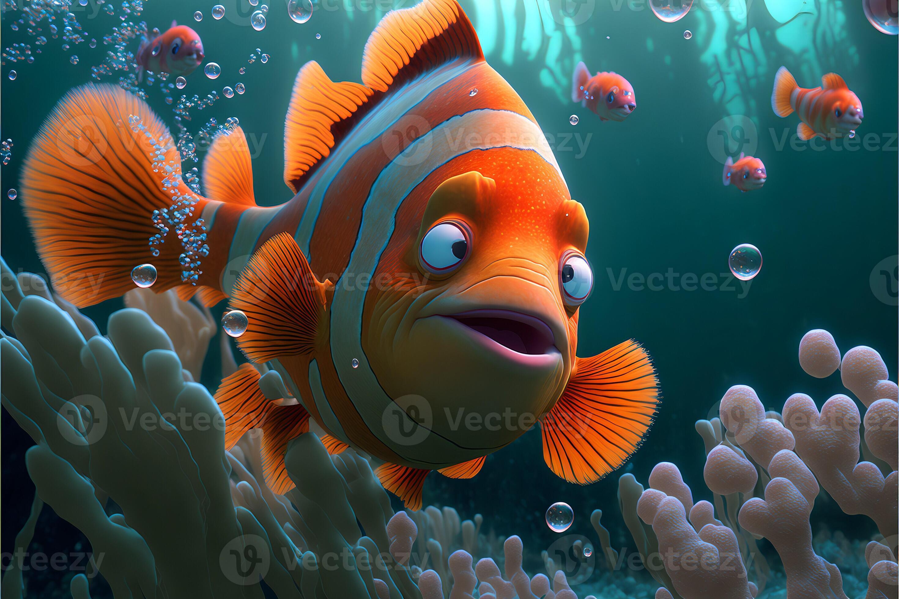 Big funny orange fish with stripes on the background of blue ocean air