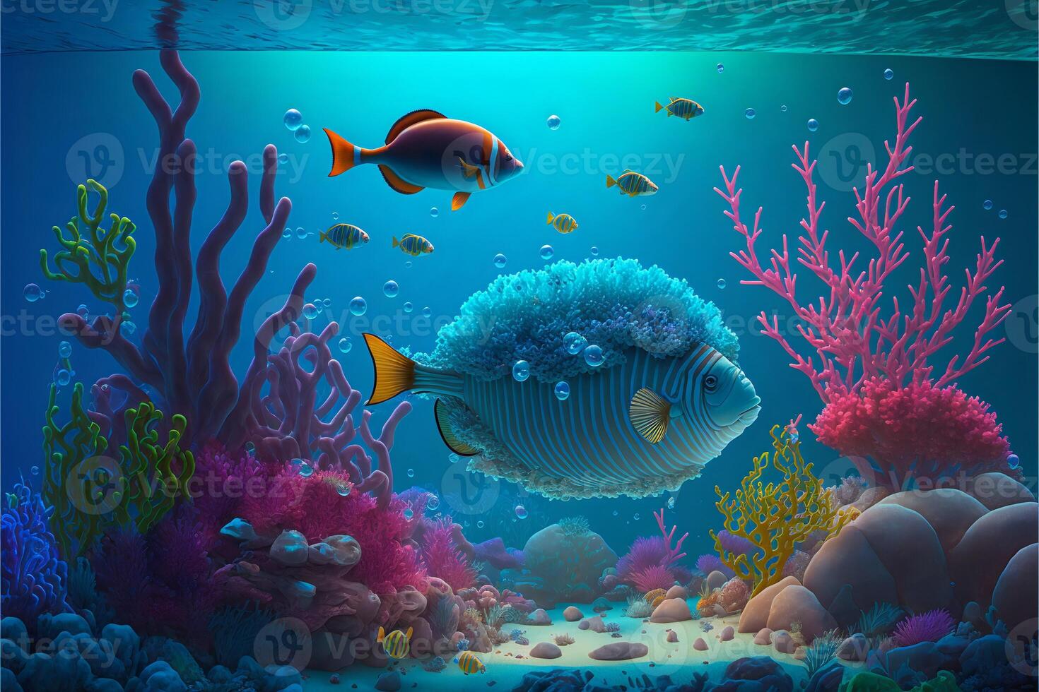 Colorful multicolored underwater landscape with coral fish and stones on the sandy bottom.Big blue fish on the sea background.. photo