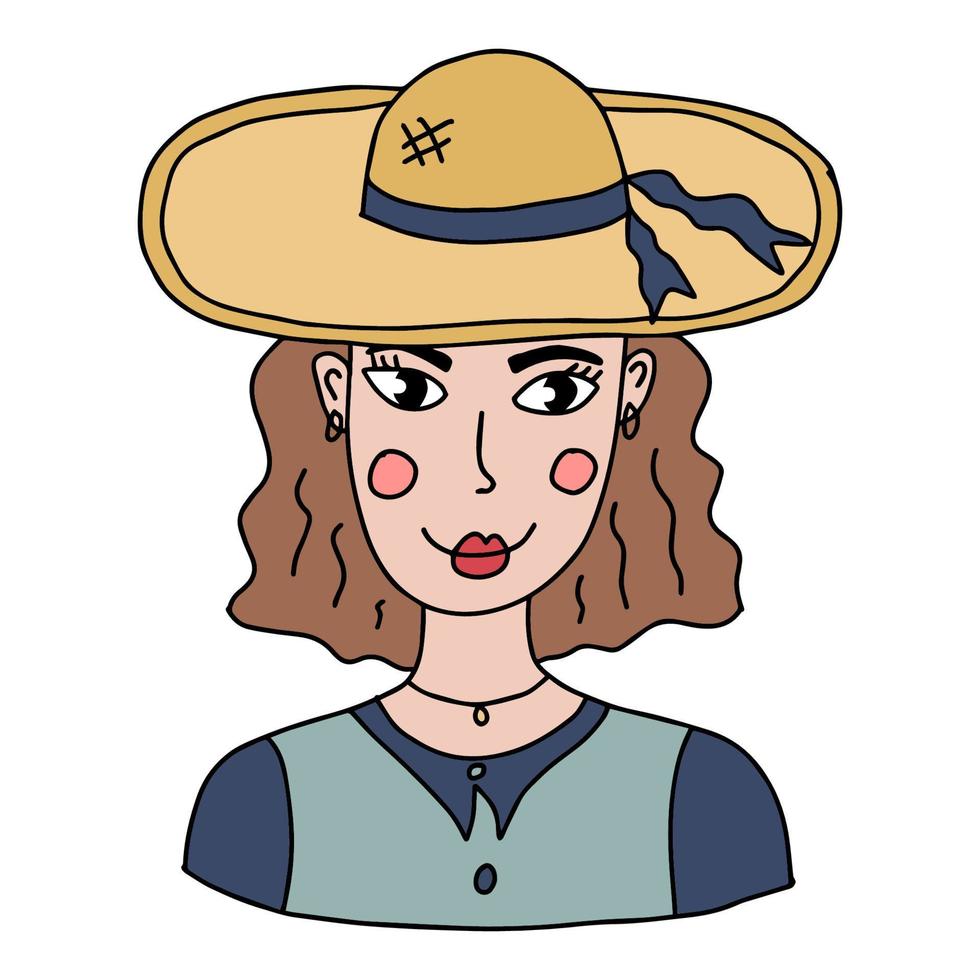 linda dibujos animados resumen garabatear niña en el sombrero retrato aislado en blanco antecedentes. mujer rostro. vector