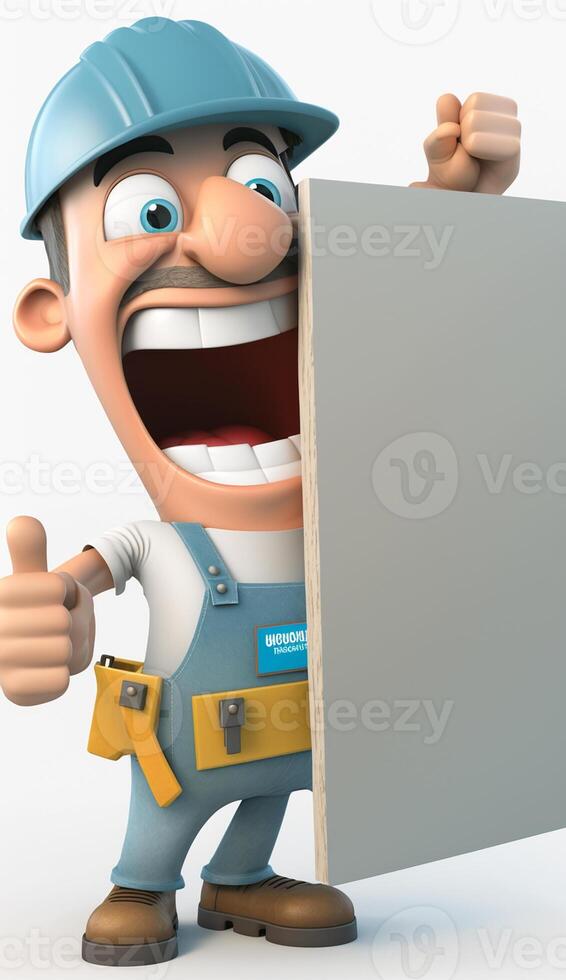 cartoon 3d illustration of a worker with a happy expression holding a board photo