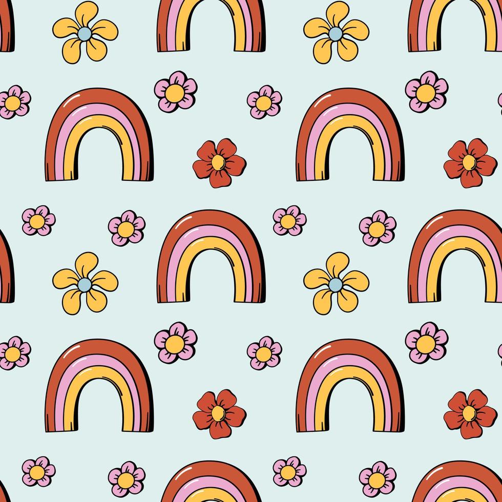 Flowers and Rainbow seamless pattern or background in 70s hippie retro style. Cute hand drawn floral summer print design. Vector illustration.