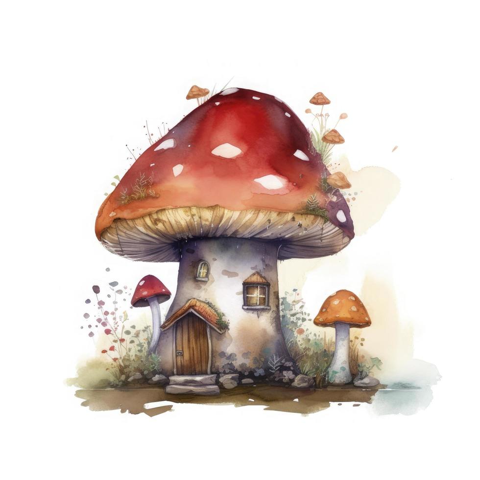 flat art of a small Mushroom House, digital Watercolor Art Isolated on white, Generate Ai photo