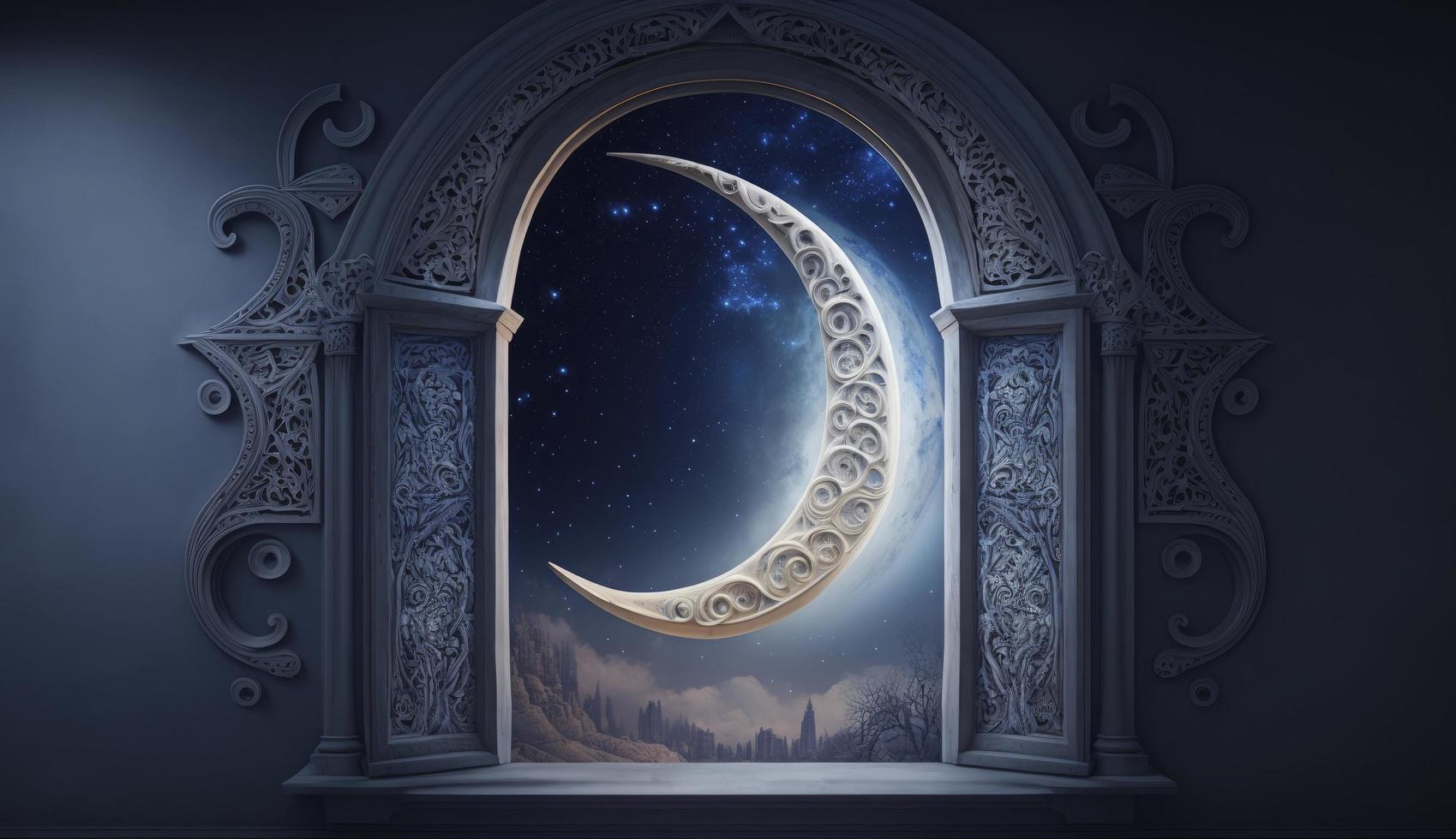 Mystical window with crescent moon in night sky, Islamic greeting Eid Mubarak for Muslim Holidays. Eid-Ul-Adha festival celebration. Arabic Ramadan Kareem, Generate Ai photo