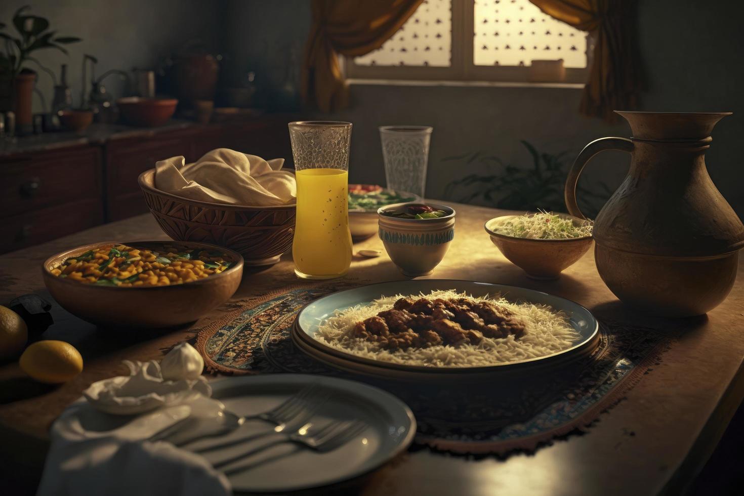 Ramadan Iftar food, Iftar meals and gatherings, Ramadan iftar Eid. Muslim family has dinner at home. Table with traditional food. Eid al-Fitr celebrations, Generate Ai photo