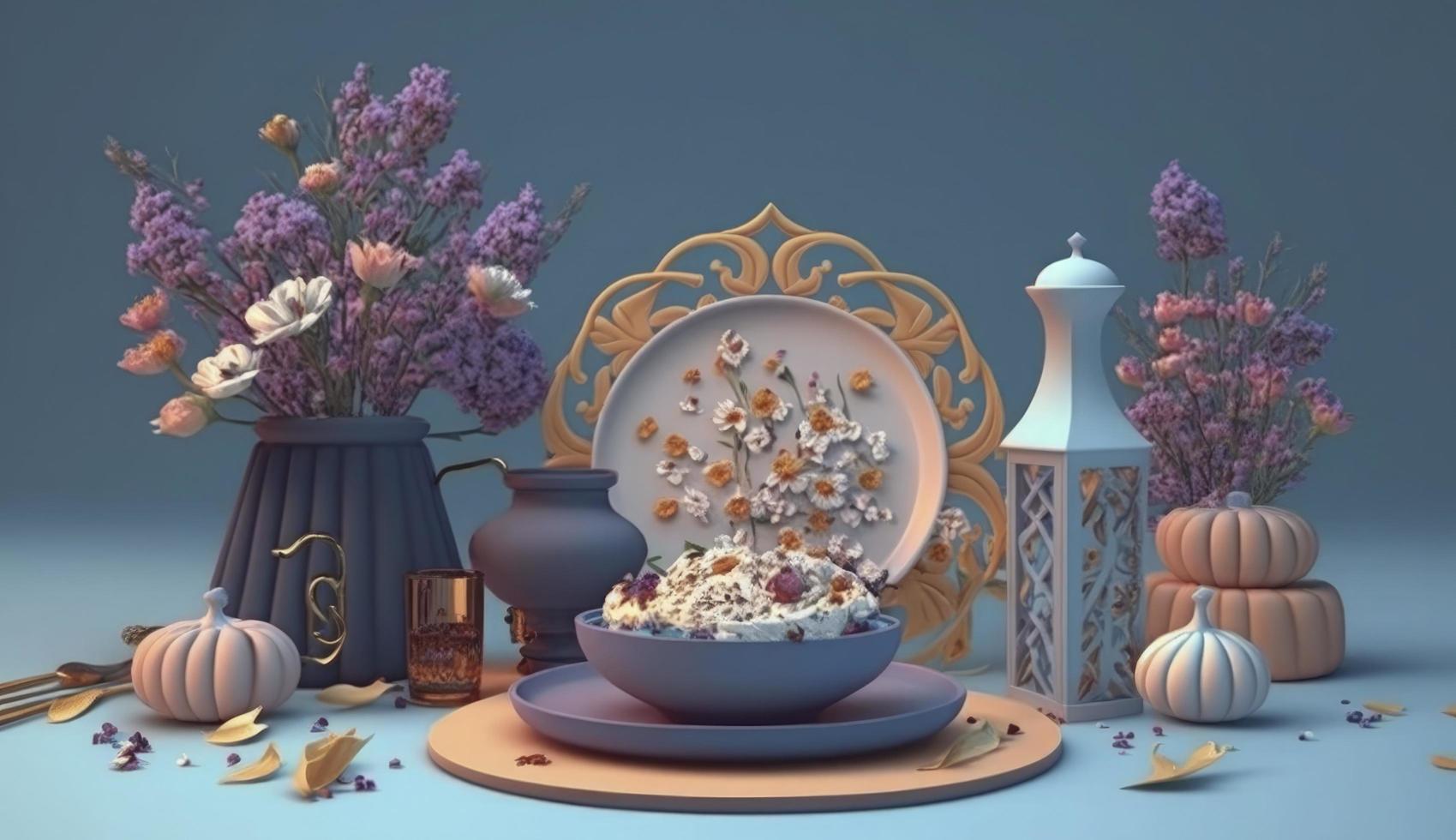 Iftar meals and gatherings with flowers , pastel colors, on blue background. Creativity of human.3d render and illustration, Generate Ai photo