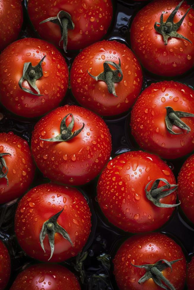 un montón de maduro rojo Tomates, visible gotas de agua, generar ai foto