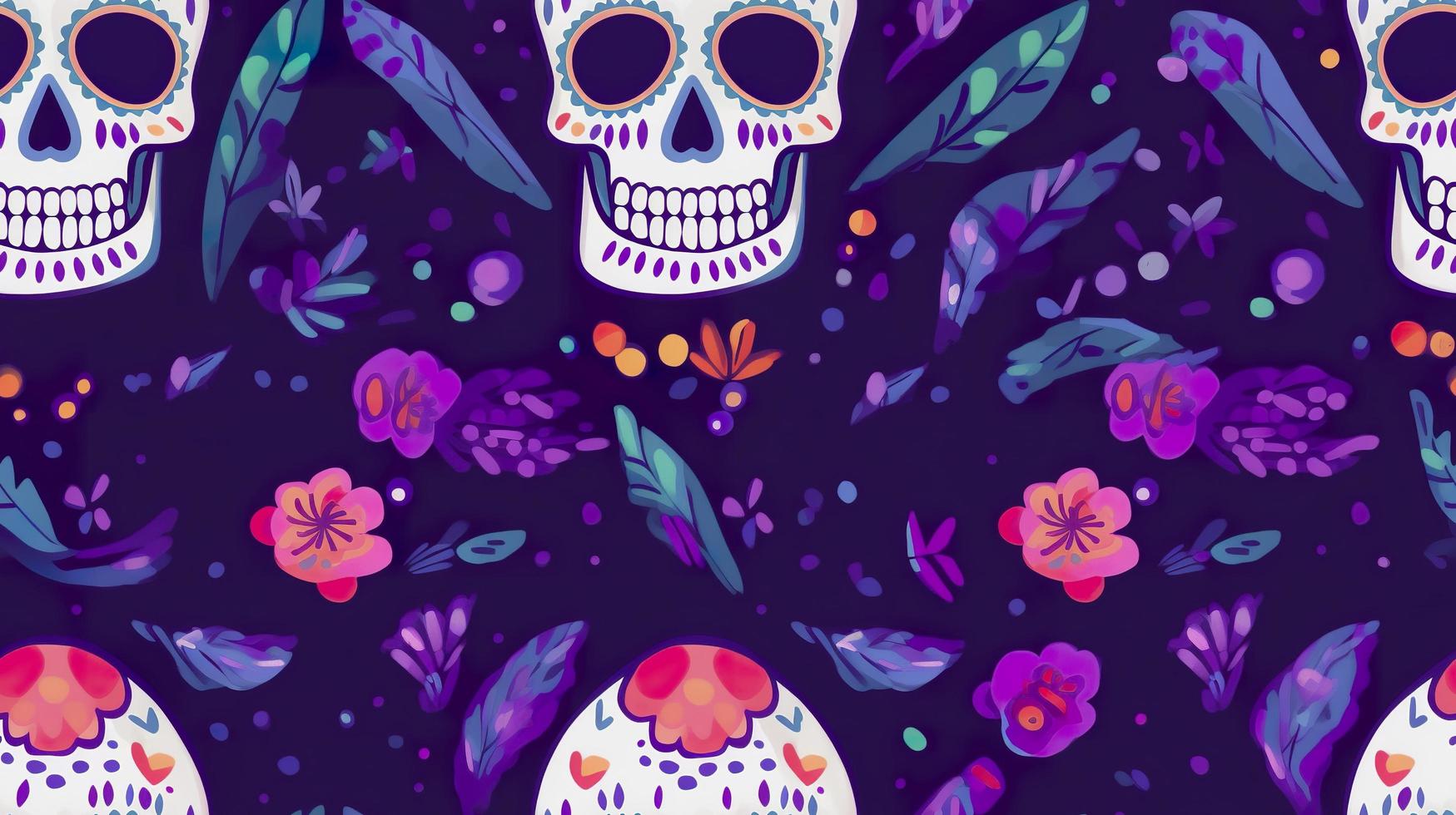 Muertos pattern with skull mexico day dead holiday floral skull face floral seamless background halloween seamless pattern purple background, generat ai photo