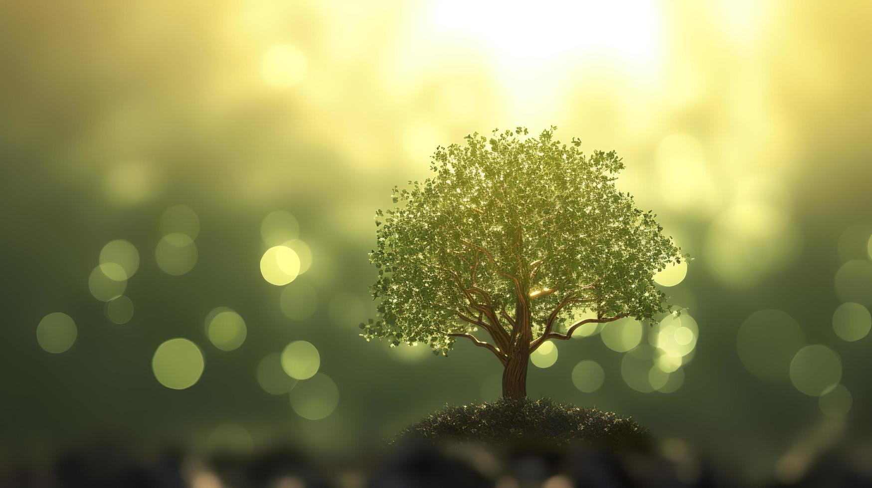 Free photo 3d background of the sun shining onto a tree against a bokeh background, generat ai