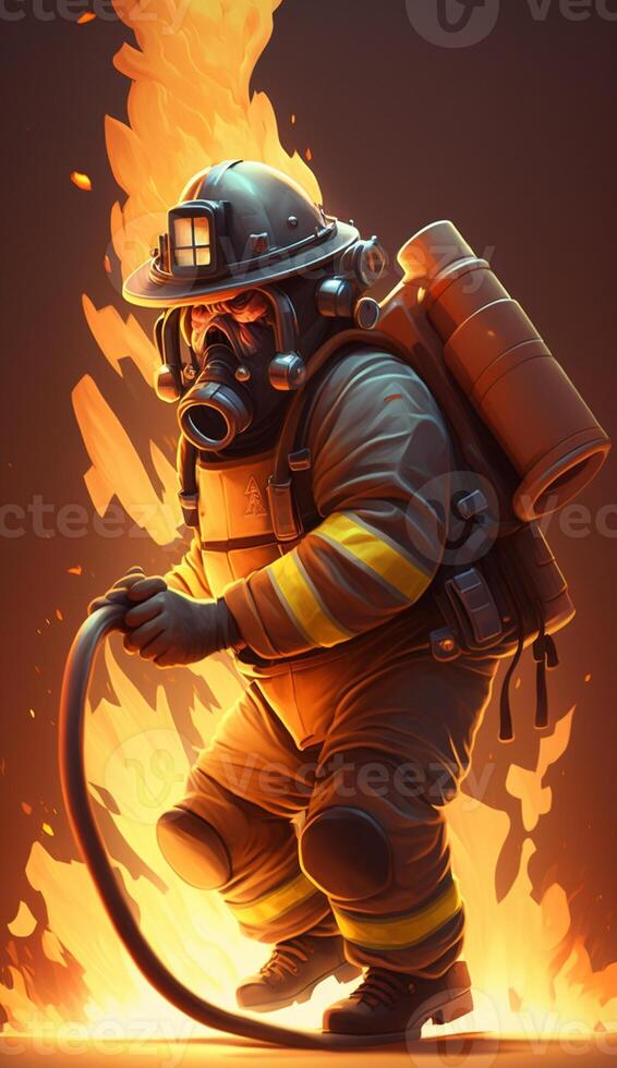 Realistic 3D cartoon illustration of a firefighter fighting a fire , photo