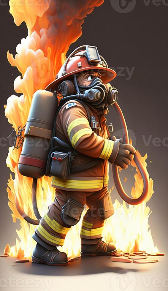 Realistic 3D cartoon illustration of a firefighter fighting a fire , photo